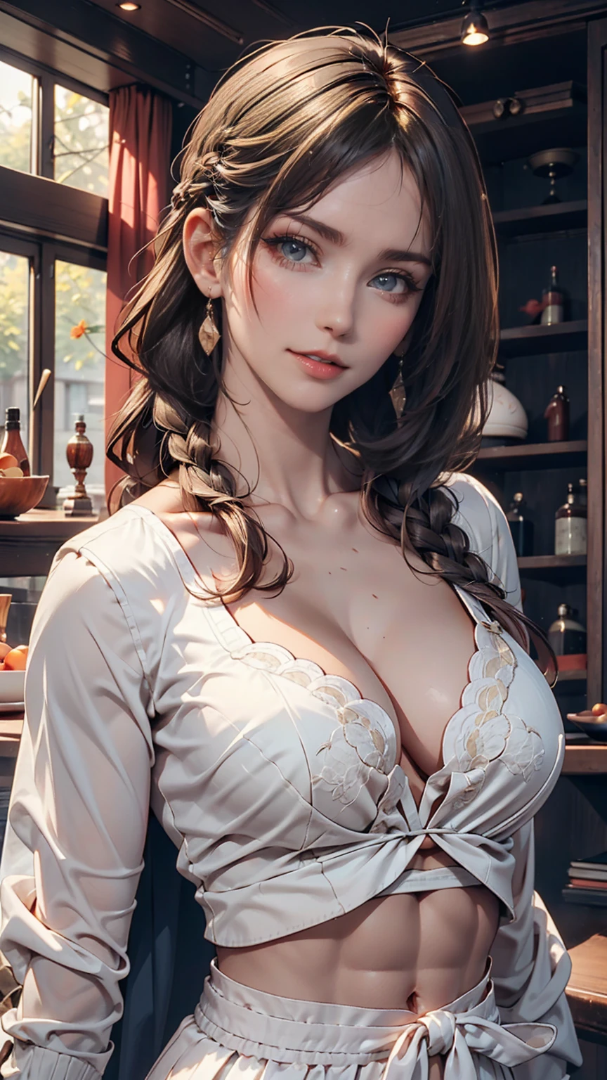 Highest quality, masterpiece,Gray Hair, Golden Eyes,White clothes, look up, Upper Body,hair,Fair skin,Side braid、2 woman、Attractive Young Woman, (Beautiful Face:1.1), Detailed eyes, Seductive lips, (eye make up:1.2), (Medium chest:1.0), (Toned body:1.2), Sexy proportions、Narrow waist