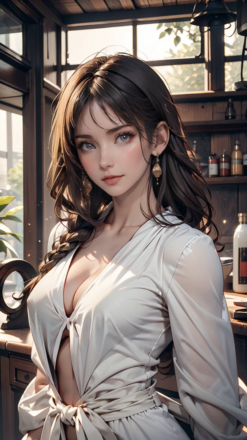 Highest quality, masterpiece,Gray Hair, Golden Eyes,White clothes, look up, Upper Body,hair,Fair skin,Side braid、2 woman、Attractive Young Woman, (Beautiful Face:1.1), Detailed eyes, Seductive lips, (eye make up:1.2), (Medium chest:1.0), (Toned body:1.2), Sexy proportions、Narrow waist
