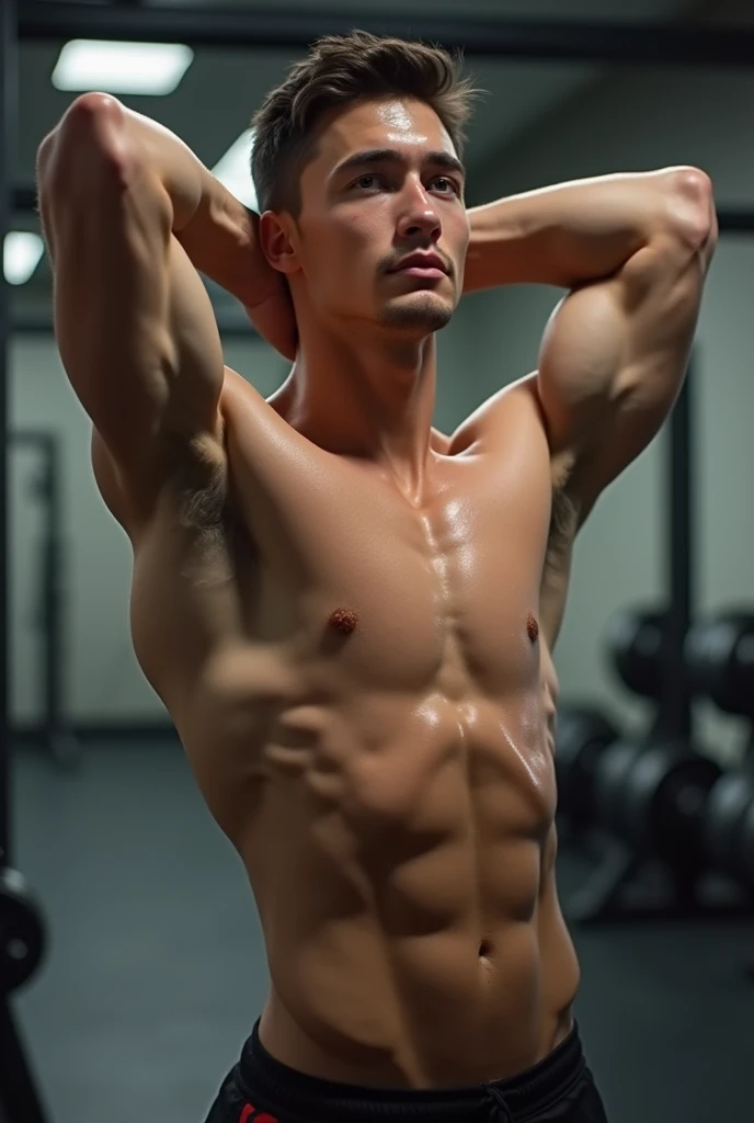 Hot young mem, 18 years, with gym suit and lifted arms showing his sweaty armpits
