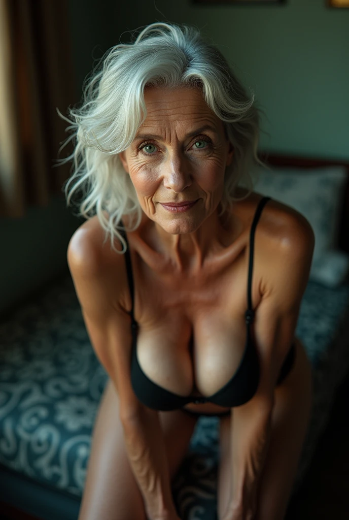 Liv Ullman, her name is Freydis, high quality, 1 old woman, ((50-year-old SLIM dutch woman)), ((50 years old)), (((wrinkled body))), ((((old body)))), ((LONG grey hair)), (((no make up))), (pale skin), (((blue eyes))), POSE: arms up, ((she is nude)), seductive, sexy, alluring, BACKGROUND: indoor: CABIN bedroom in NORWAY, WOODEN WALLS, ((realistic vagina))