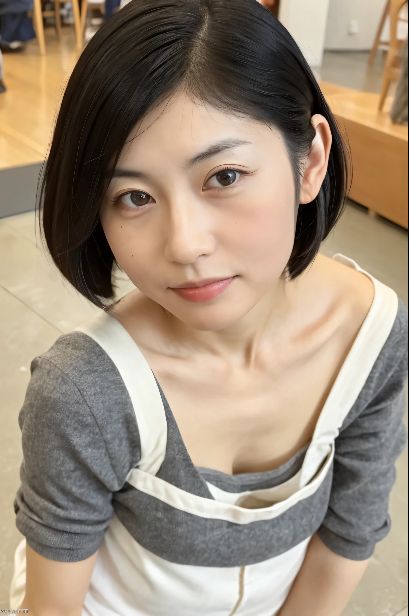 Masterpiece, photogravure, highest quality, clear contours, (One Girl, alone), Japanese woman, 30 years old, lipstick, cute face, detailed face, beautiful eyes, detailed eyes, focus on the eyes, bob hair, Anatomically correct body structure, wearing body-fitting costumes, getting on all fours, lifting butts, shot from the front