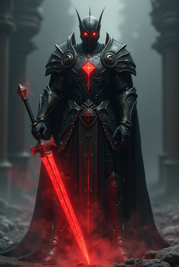 Darkness, king armor, half human half robot, armors blood weakness Chinese black, line light red body, red eyes light, 3 eyes line from sword