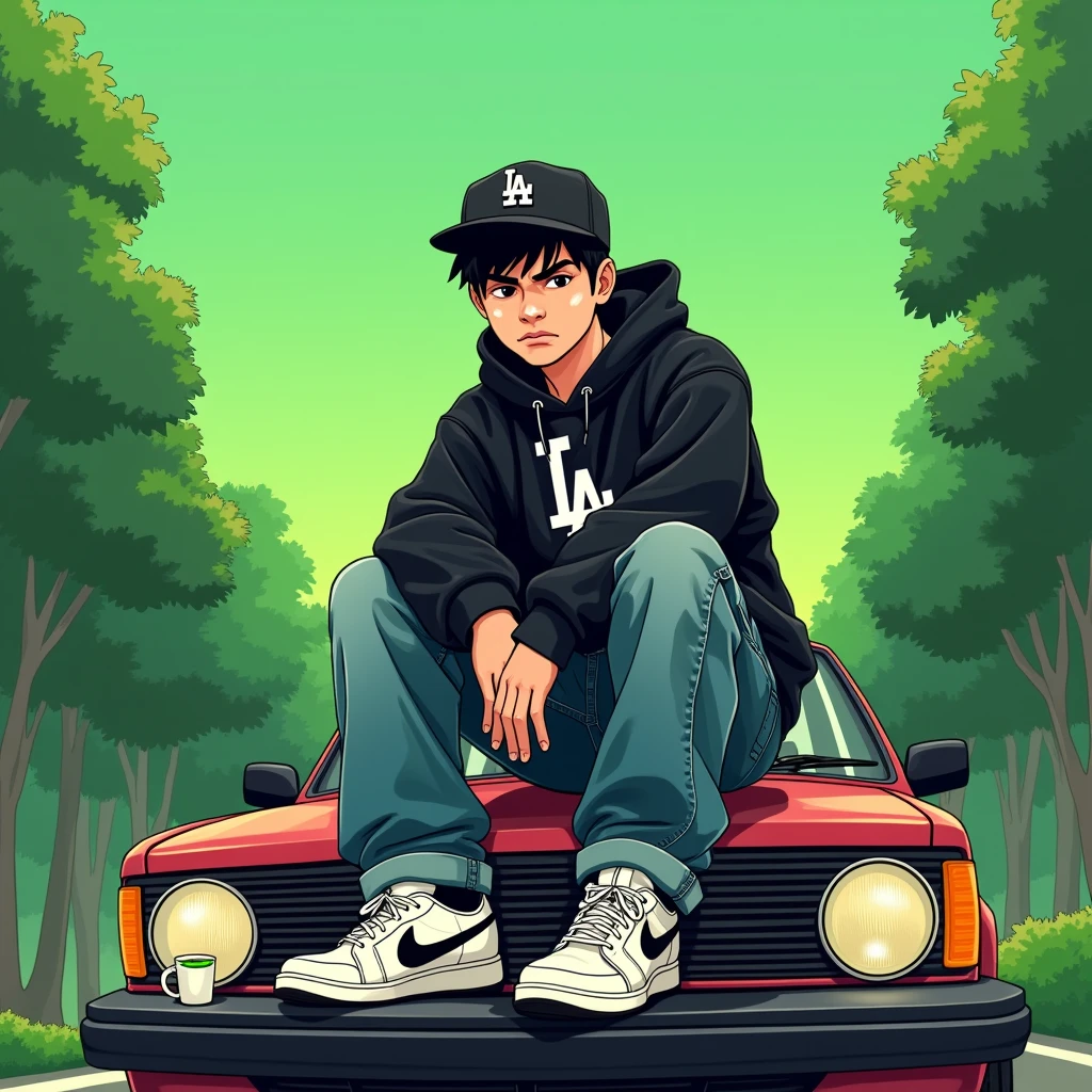 Image of a man sitting on the bonnet of a car, Yoshihiko Wada&#39;s album cover, winner of the behance contest, Doodle, official artwork, rap album cover, hip - hop album art cover, colored album art, hip hop music album cover, rap album cover art, official fanart, GTA Cover, hip hop album cover, album art cover, cartoon, Disgruntled Asian Boy, Running car, Green background, green tea, Deep pressed black LA ball cap, white nike shoes, Black LA Hoodie, Baggy jeans worn down