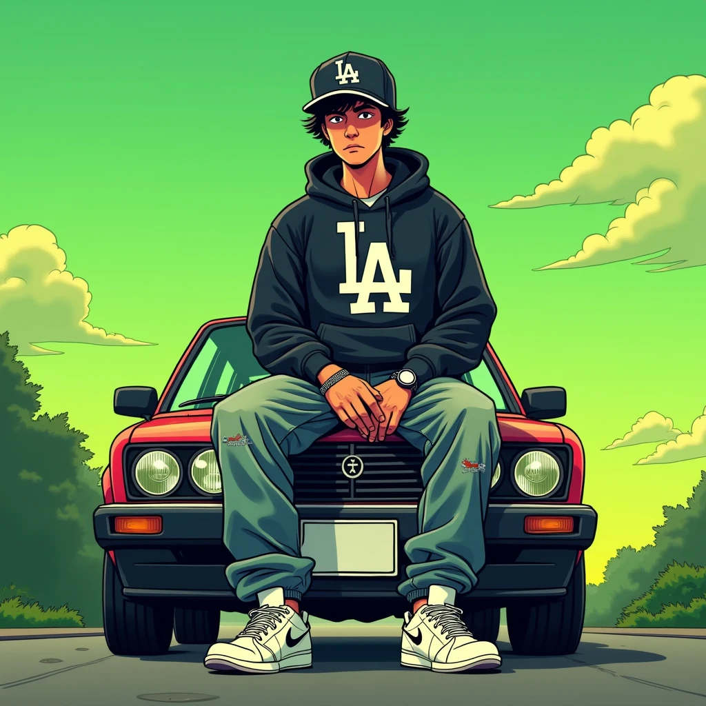 Image of a man sitting on the bonnet of a car, Yoshihiko Wada's album cover, winner of the behance contest, Doodle, official artwork, rap album cover, hip - hop album art cover, colored album art, hip hop music album cover, rap album cover art, official fanart, GTA Cover, hip hop album cover, album art cover, cartoon, Disgruntled Asian Boy, Running car, Green background, green tea, Deep pressed black LA ball cap, white nike shoes, Black LA Hoodie, Baggy jeans worn down