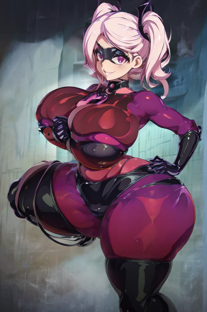 Sister New devil, Maria Naruse, 1 girl, ((bimbo))), succubus, long white hair, purple eyes, thick lips, evil smile face, wide hips, thick thighs, thick, enormous round fake breast, huge round ass, thick ass, oily shiny skin, belts, latex, black gloves, posing,