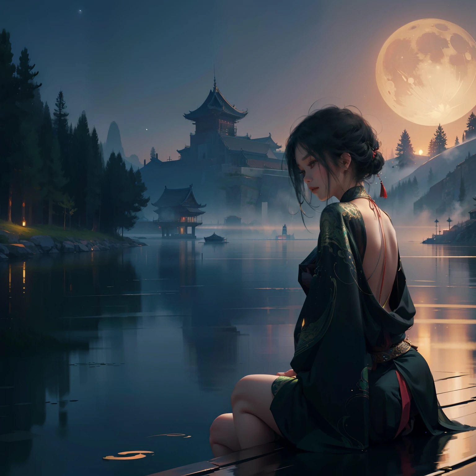 (masterpiece), Night view, Handmade Asian Art, Vietnamese influence, The hazy Angara, Moonrise, quiet night, Green and blue palette, Digital Illustration, highly detailed 4k digital art, Night Scenery, anime art wallpaper 4k, Detailed digital art 4K, Nature landscape at night, Anime Art Wallpapers 8K, background image, Beautiful Art UHD 4K,
(Shiny Texture), (Ethereal atmosphere), (Softly glowing moonlight), (Vibrant reflections on the lake), (Intricate details and textures), (Vivid and calm colors),