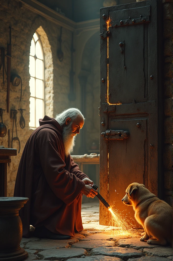 A monk welding a metal door and his dog 