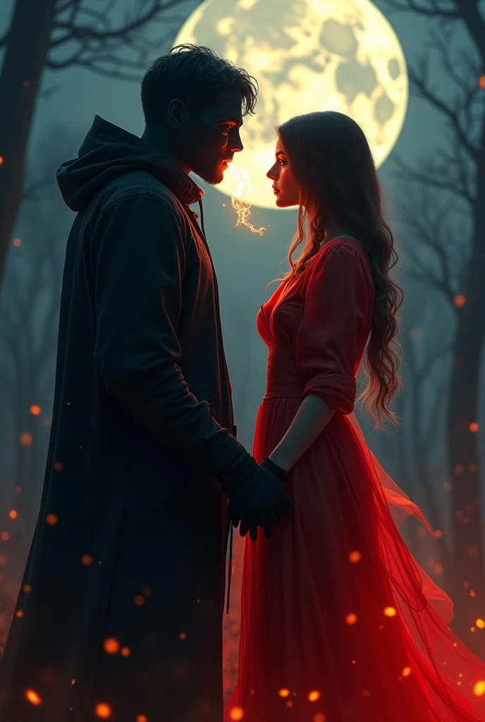 It is night, a young man wearing a black mask dressed in black and a girl dressed in warm red with a little fire coming out of her mouth and hair, both the woman and the man turn their backs and in the background a large moon