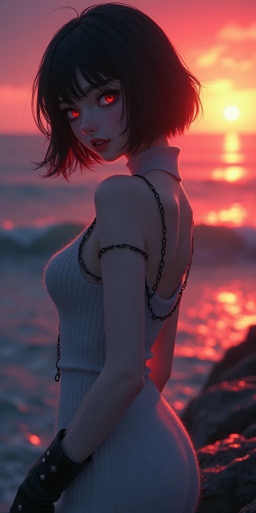(best quality, ultra-detailed, photorealistic: 1.39), bright and vibrant colors, studio lighting, romantic expression, An effeminate girl, with a delicate and beautiful face. Beautiful and adult woman with her straight loose bob gothic style short hair matches the gothic makeup, her dark red eyes and mischievous smile, with her large seductive breasts, cleavage, dark style, Turtleneck sweater, white wool, sleeveless, beautiful sweater dress, pose from behind, looking back, with beautiful legs, ankle boots, dark makeup. She have a horny face, like a manwha character, chain details, in the living in the beautiful sea, waves, sunset just perfect, night with soft lighting, dark gothic lighting, black boots, seductive cleavage, manga style, anime features manga style, fully body , she is in love, like a manwha character style