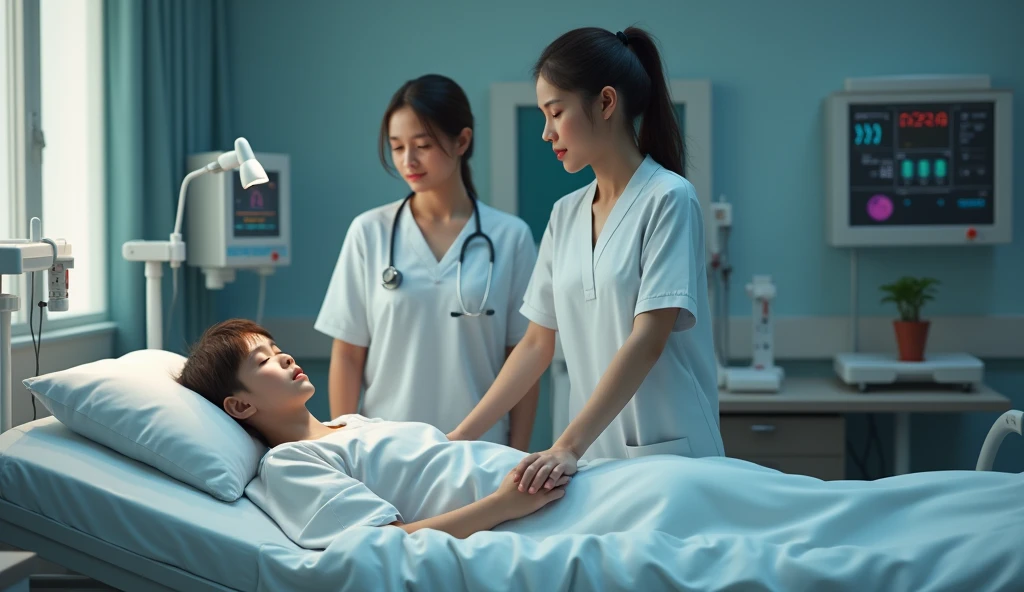 young patient in bed, Nurse in the room and a woman next to the nurse. Realistic model