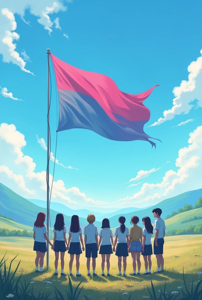 A landscape of 15 students, facing their back, holding hands, and looking up to a pink and blue flag. Square size