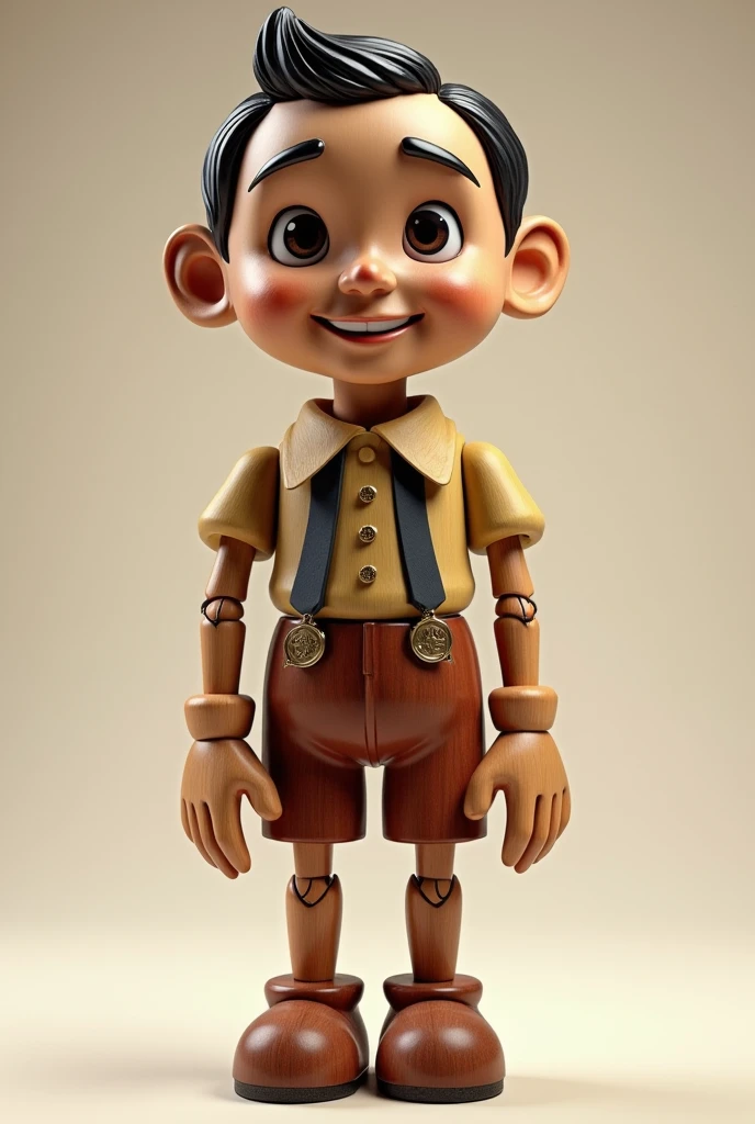 a wooden pinocchio doll, have wajah like jokowi, 3d art