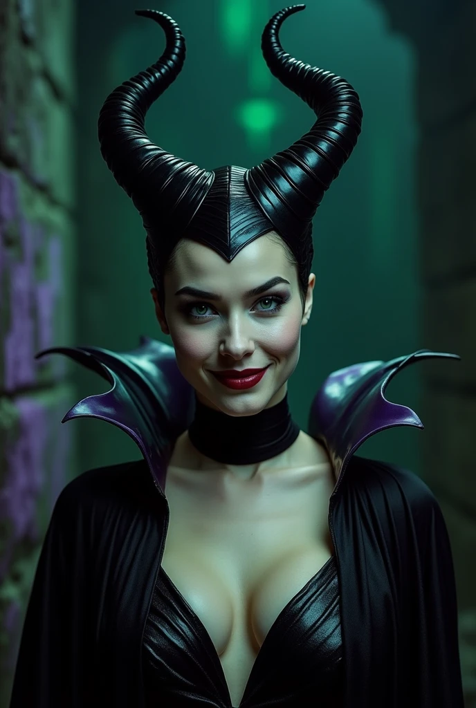 A stunning portrait of Maleficent, emphasis on her horns, purple highlights, purple reflected light, in the nude, young and beautiful, hyper realistic, real portrait, backlit, exquisite features, cleavage, sexy, seductive, unnatural light, soft light, location is the interior of a dungeon, green light, eerie, purple highlights:1.4, she is smirking, she is busty, her chin is raised, looking down at viewer, low angle shot, exquisite features, exotic, high cheekbones, show the full horns