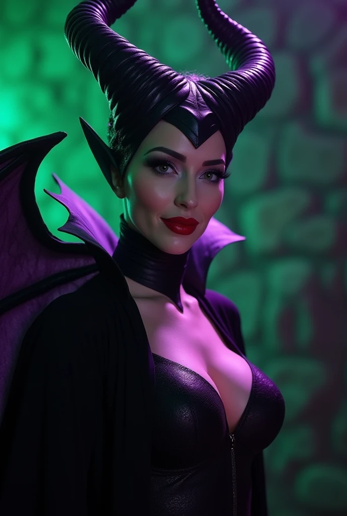 A stunning portrait of Maleficent, emphasis on her horns, purple highlights, purple reflected light, in the nude, young and beautiful, hyper realistic, real portrait, backlit, exquisite features, cleavage, sexy, seductive, unnatural light, soft light, location is the interior of a dungeon, green light, eerie, purple highlights:1.4, she is smirking, she is busty, her chin is raised, looking down at viewer, low angle shot, exquisite features, exotic, high cheekbones, show the full horns