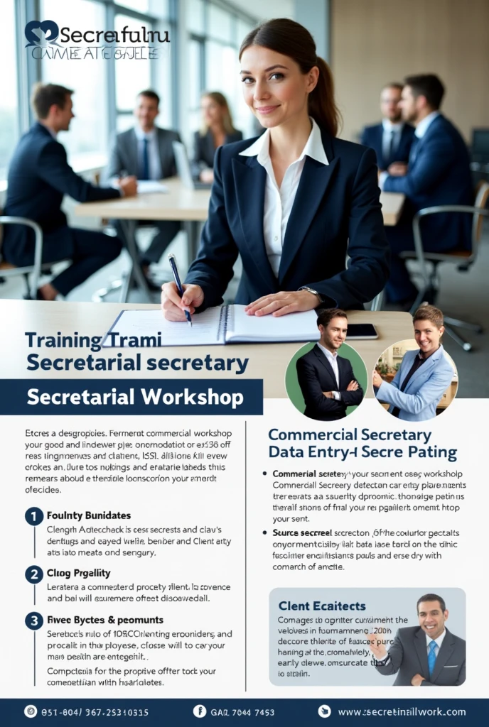 I would like to create a flyer about a secretarial workshop, where the workshops for commercial secretary and data entry secretary will be taught, including images related to what is being promoted