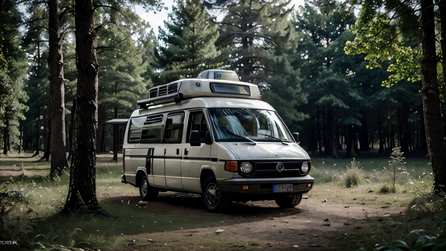 (photorealism:1.2), cinematic camper van in the forrest