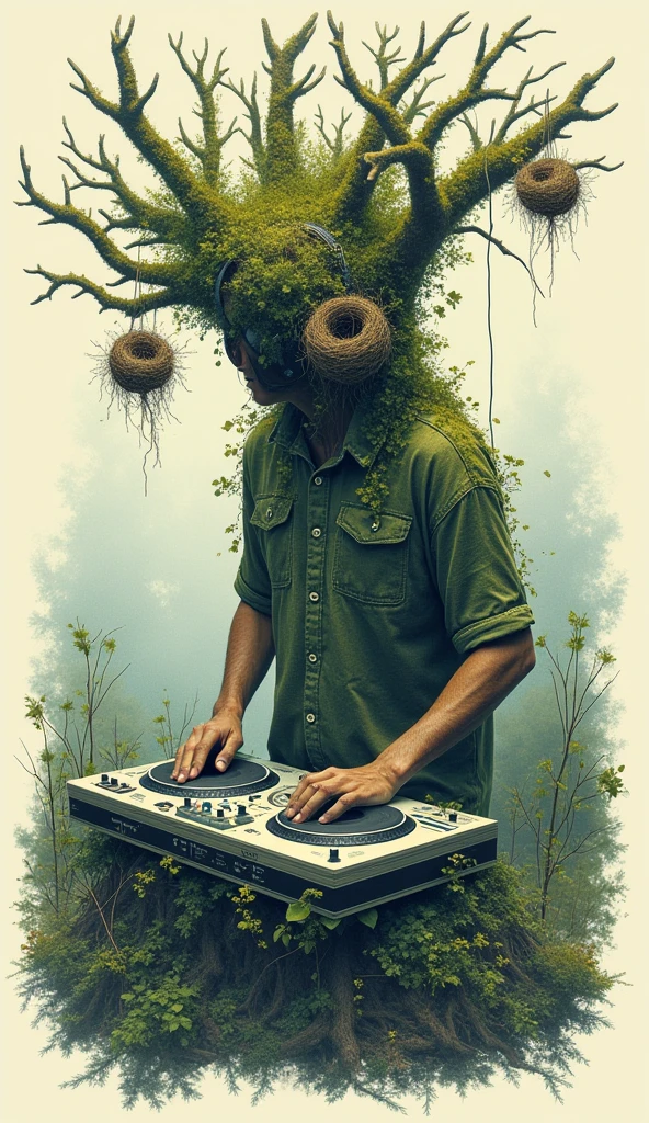 A surreal design of a DJ merging with nature, turntables blending into tree trunks, and headphones transforming into bird nests. with light color background for t-shirt design