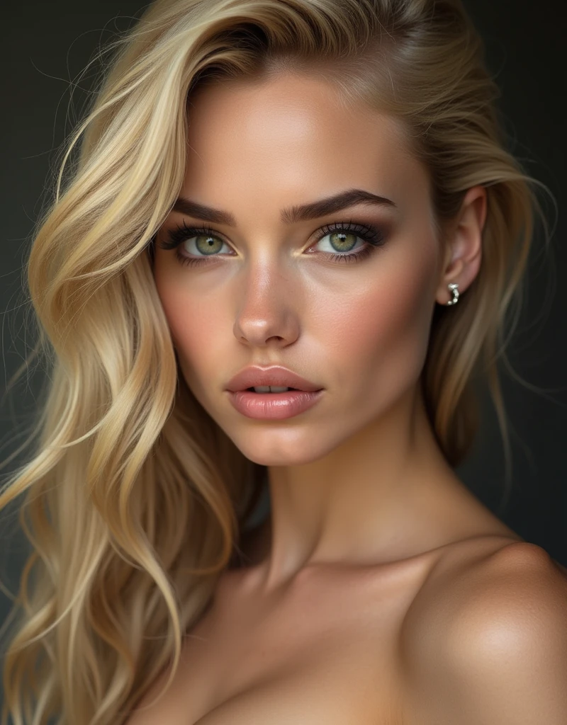 (((best qualityer))), highly detailed, high resolution. 2 female, blondie hair, clear green eyes, fleshy lips, heavy make-up, with hair thrown to the side, right ear showing, ((don't wear earrings))Estilo Retrato