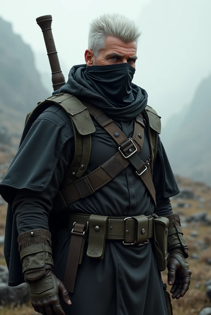 Army corporal 2 , white hair with a military cut with a black military poncho and a bandana on his face and with an axe on his back
