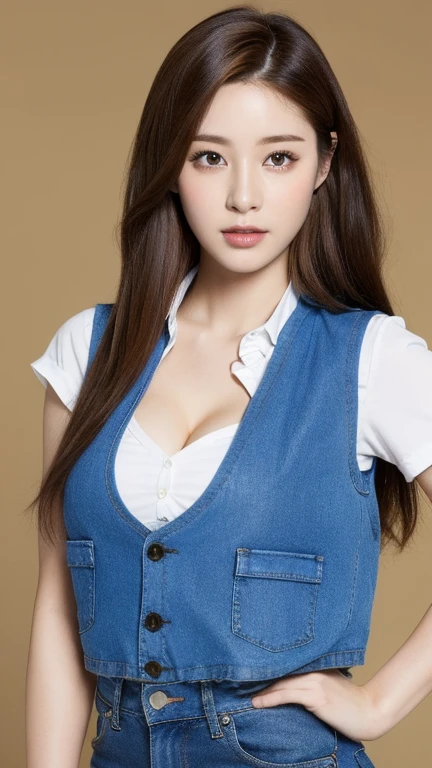 （lifelike， high resolution：1.3）， 1 girl with a perfect figure， The face shape and eyes are super beautiful，Long hair， Random color vest：1.2， Short jeans， Big ，Showing cleavage