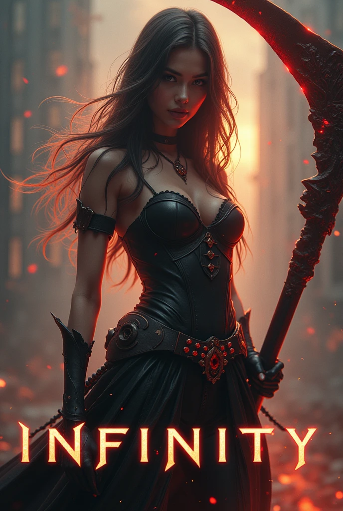 The words "INFINITY" written in large letters at the bottom of the screen, ((masterpiece, highest quality, Highest image quality, High resolution, photorealistic, Raw photo, 8K)), ((Extremely detailed CG unified 8k wallpaper)), (huge stunning goddess shot, very hot and sexy, jaw-dropping beauty, perfect proportions, beautiful body, slim body beauty:1.4), A girl wielding a huge scythe, movie poster, (a huge scythe:1.5), 
