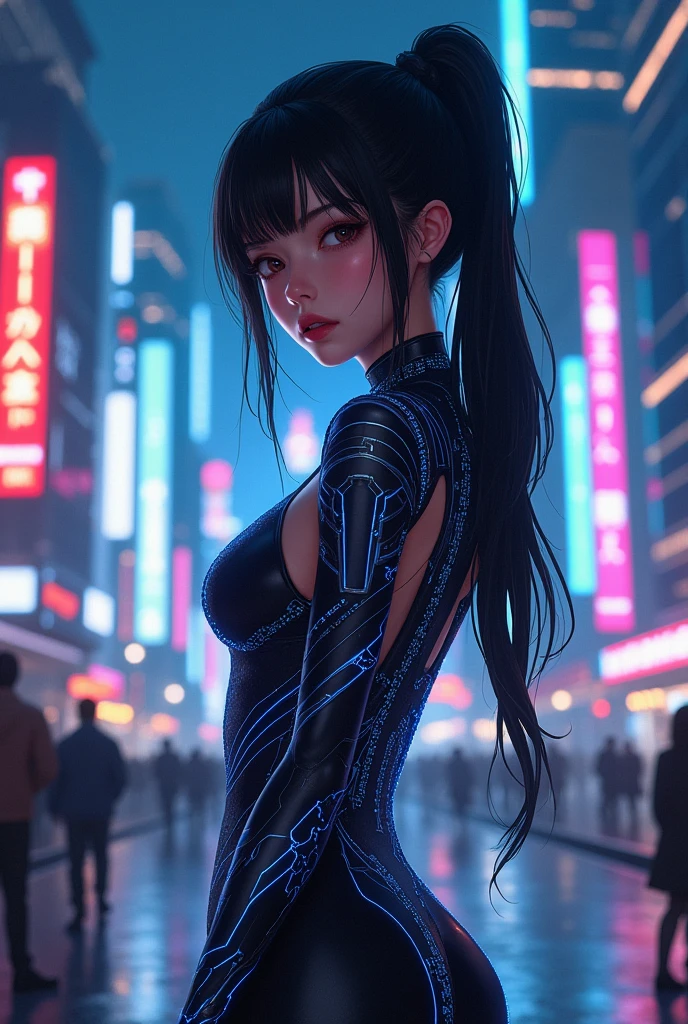 (score_9, score_8_up; anime; idol_face; deep_color; cinematic_lighting; 32k); loveholic, 1girl, futuristic urban setting at night, wearing a form-fitting jumpsuit with glowing circuit