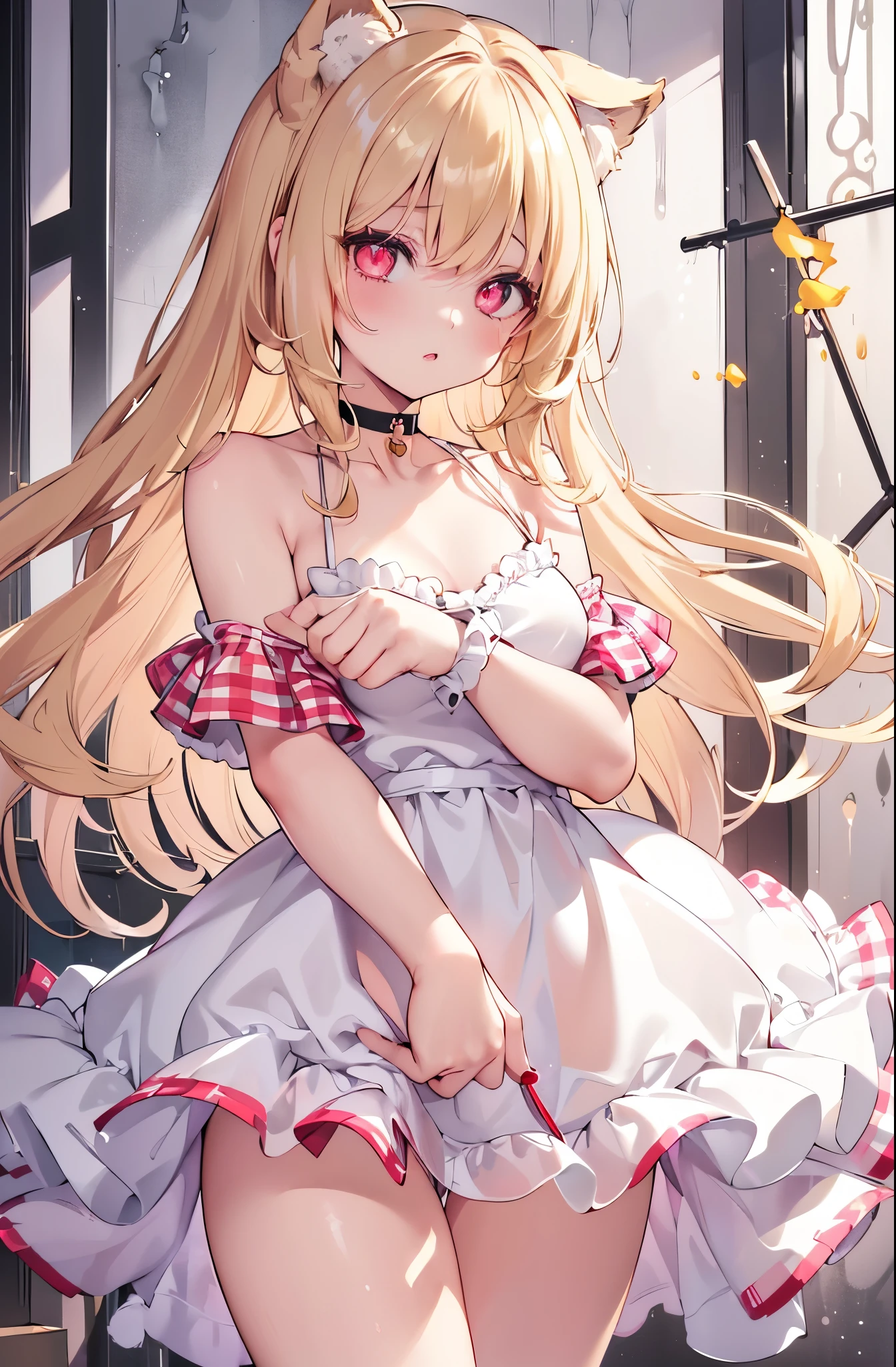 1girl,Sexy pretty girl,shiny gold platinum blonde hair, Bobcut,curly hair、Dog ears、Red sparkling eyes、detailed cute eyes,(glowing eyes:1.4),laugh heartily,((Droopy eyes)),small breasts,idle, (gingham dress,choker, bare arms, bare shoulders:1.3),skirt,see-through,hugging own legs