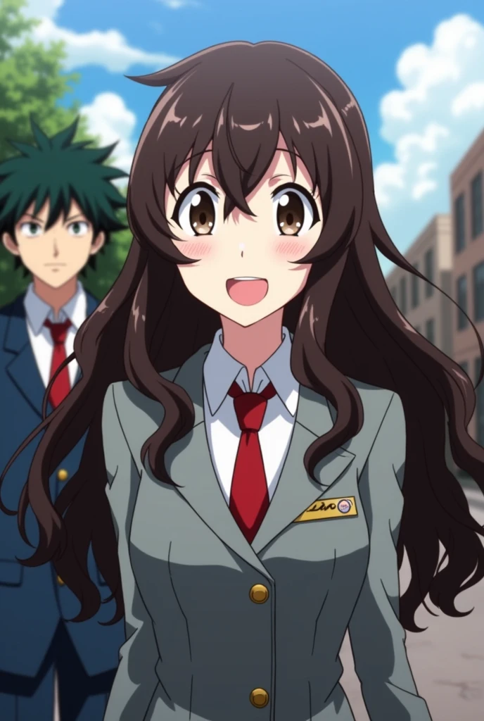 Boku no hero academia screenshot, beautiful woman, long wavy dark brown hair,dark brown slanted eyes, happy expression on the face, uniform gray coat red tie, walking alongside Bakugo, looking at the camera from below, low angle 