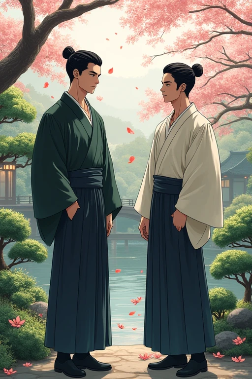 Two handsome Japanese men,garden,



