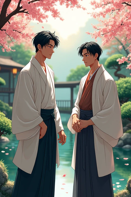 Two handsome Japanese men,garden,



