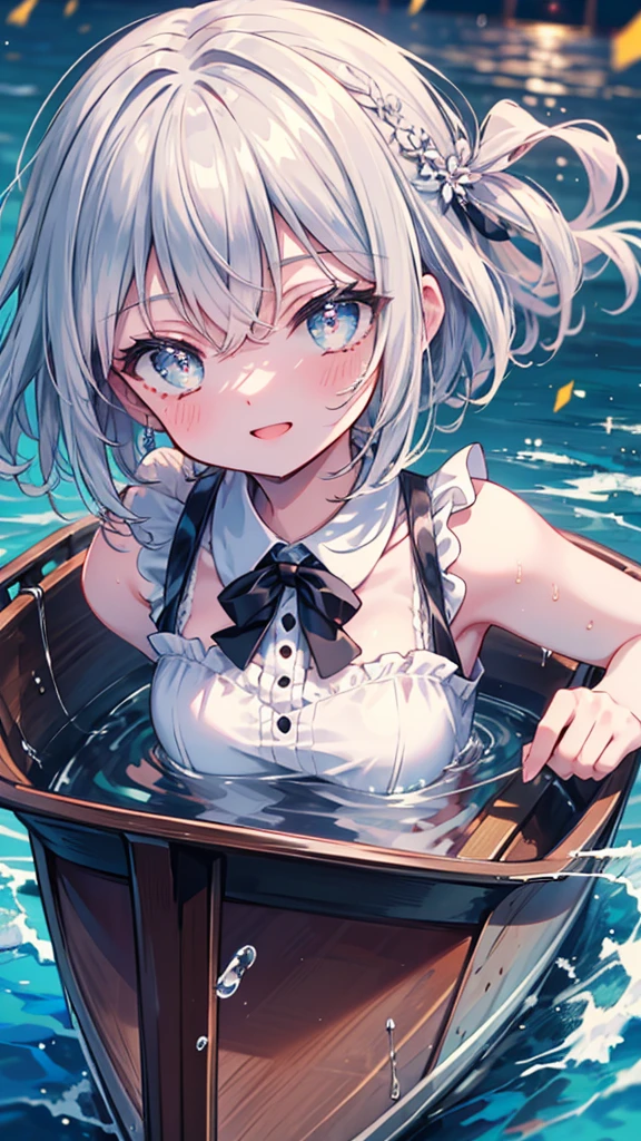 (8k, Highest quality, masterpiece: 1.2),Ultra-high resolution, 1 person, solo, Color changing eyes, Ultra-detailed, Expressive eyes, Highly detailed face, Maid clothes, Random Hairstyles、Silver gay hair, Rowboat、lake、sunlight, clavicle, Ecstatic expression,Sparkling、splash, Overall image, Flooding, 