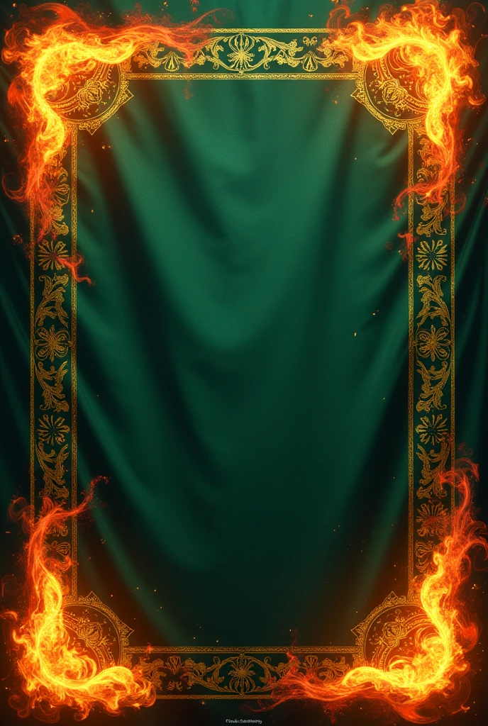 A flag with 4 corners of fire and on the sides golden lines in the shape of stars and is dark green