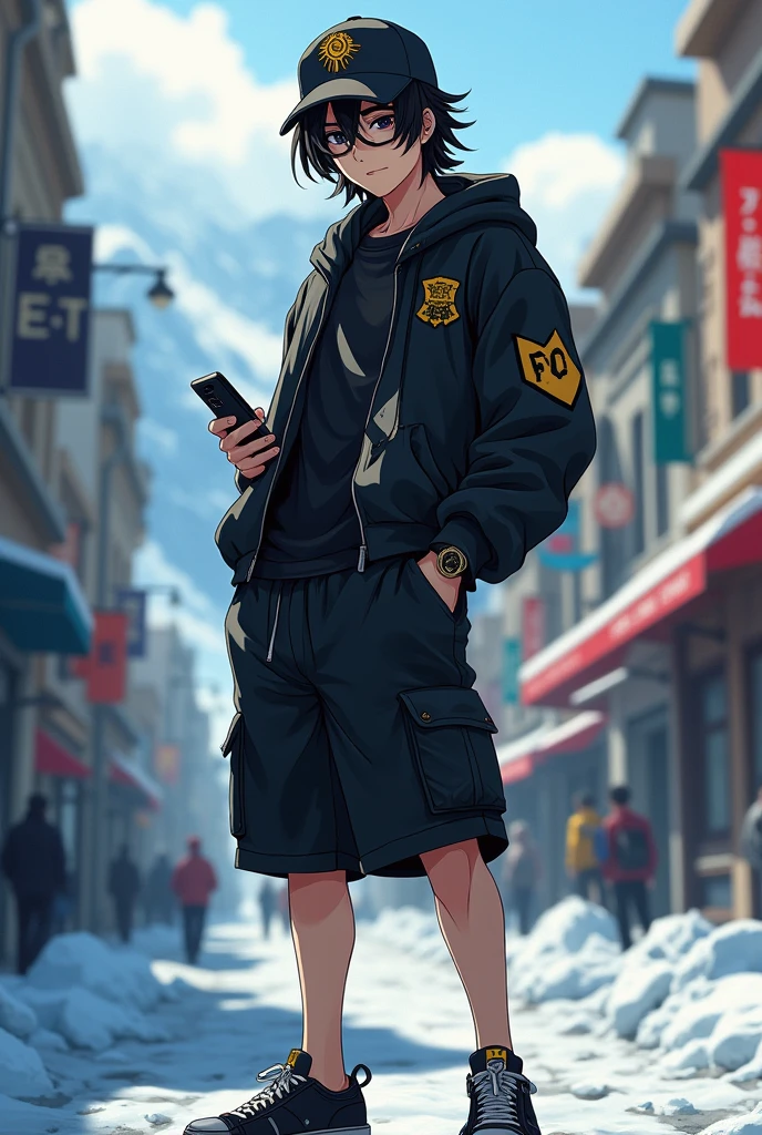 A boy , transformed into an anime style, with black country clothes , with a black cap with a lion logo , with black Bermuda shorts , tall, weighing about 90 kilos and size 1 black sports shoes.80 m tall and unique facial features light skin , Long hair , black square optical lenses , black eyes , thick lips with a cigarette in his right hand and a cell phone in his left hand , standing on a bustling city street, backlit background that highlights the subject, high contrast colors, 4K High Definition Quality,young, elegant, Argentinian , In the cold of the Santa Cruz glacier in Argentina , phone gamer boy .