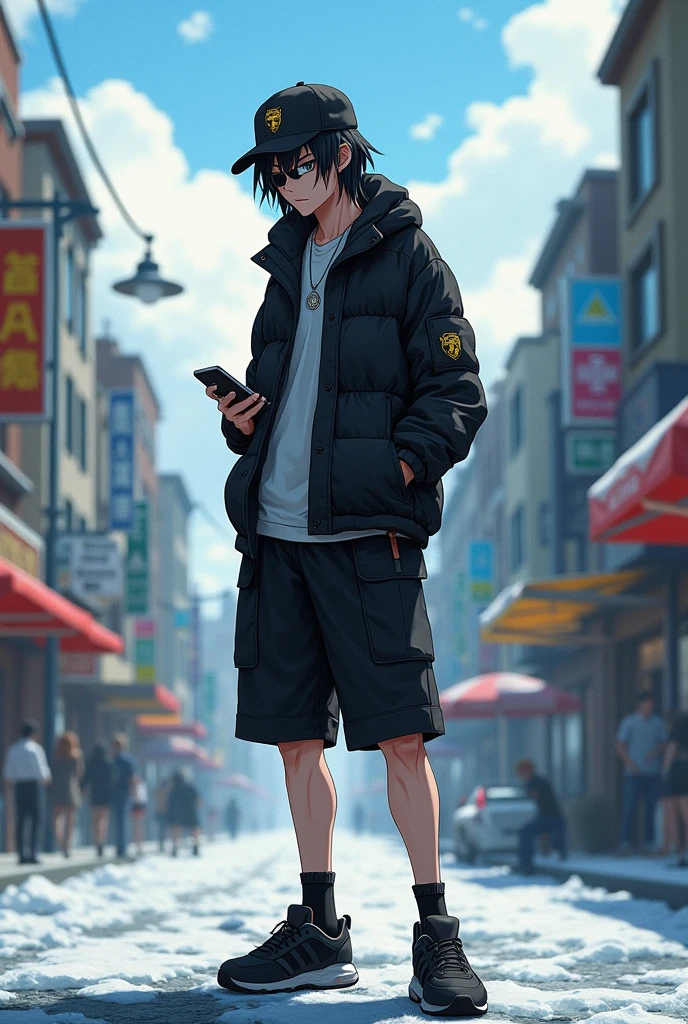 A boy , transformed into an anime style, with black country clothes , with a black cap with a lion logo , with black Bermuda shorts , tall, weighing about 90 kilos and size 1 black sports shoes.80 m tall and unique facial features light skin , Long hair , black square optical lenses , black eyes , thick lips with a cigarette in his right hand and a cell phone in his left hand , standing on a bustling city street, backlit background that highlights the subject, high contrast colors, 4K High Definition Quality,young, elegant, Argentinian , In the cold of the Santa Cruz glacier in Argentina , phone gamer boy .