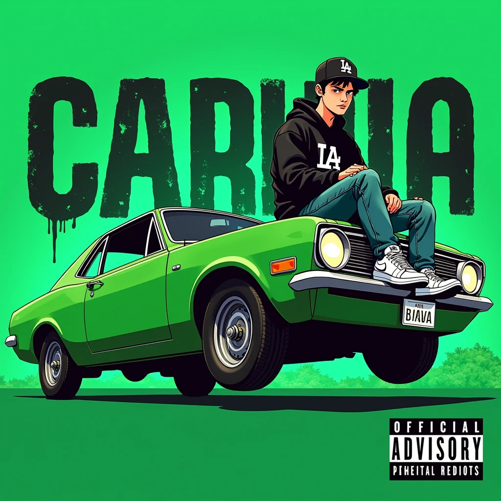 Image of a man sitting on the bonnet of a car, Yoshihiko Wada's album cover, winner of the behance contest, Doodle, official artwork, rap album cover, hip - hop album art cover, colored album art, hip hop music album cover, rap album cover art, official fanart, GTA Cover, hip hop album cover, album art cover, cartoon, Disgruntled Asian Boy, Running car, Green background, green tea, Deep pressed black LA ball cap, white nike shoes, Black LA Hoodie, Jeans worn down
