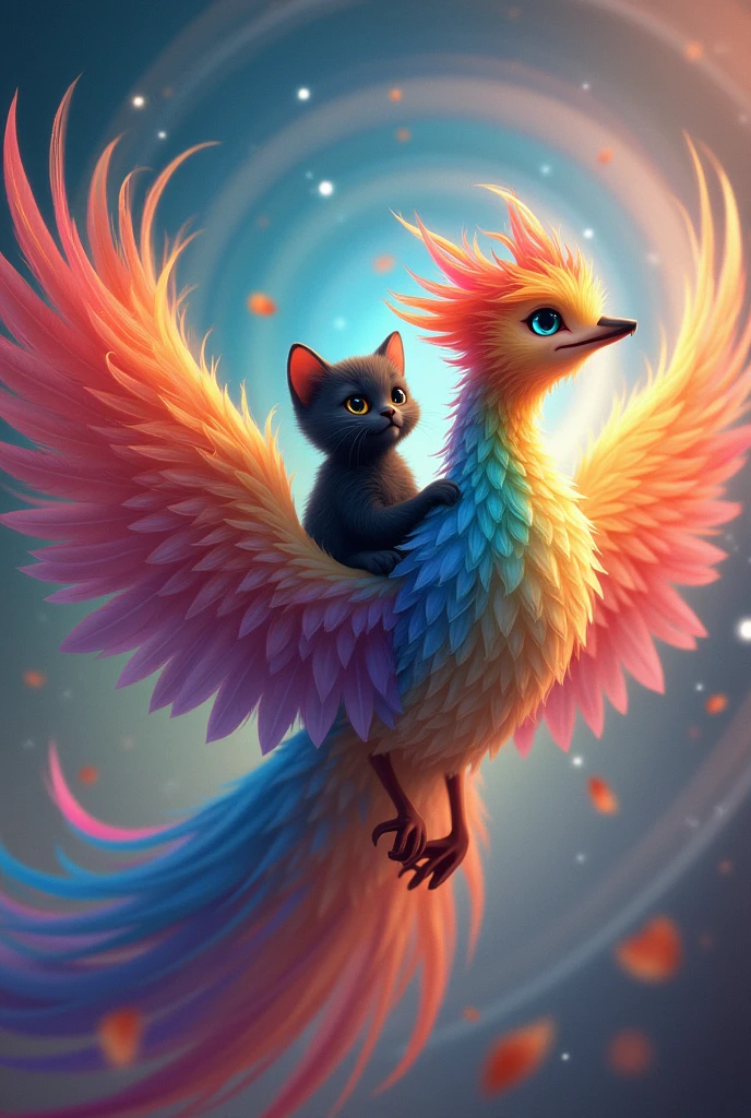 A beautiful rainbow-colored phoenix、Black kitten riding a phoenix、big headed kitten、Between Time and Space、The two are good friends、Always smiling and happy