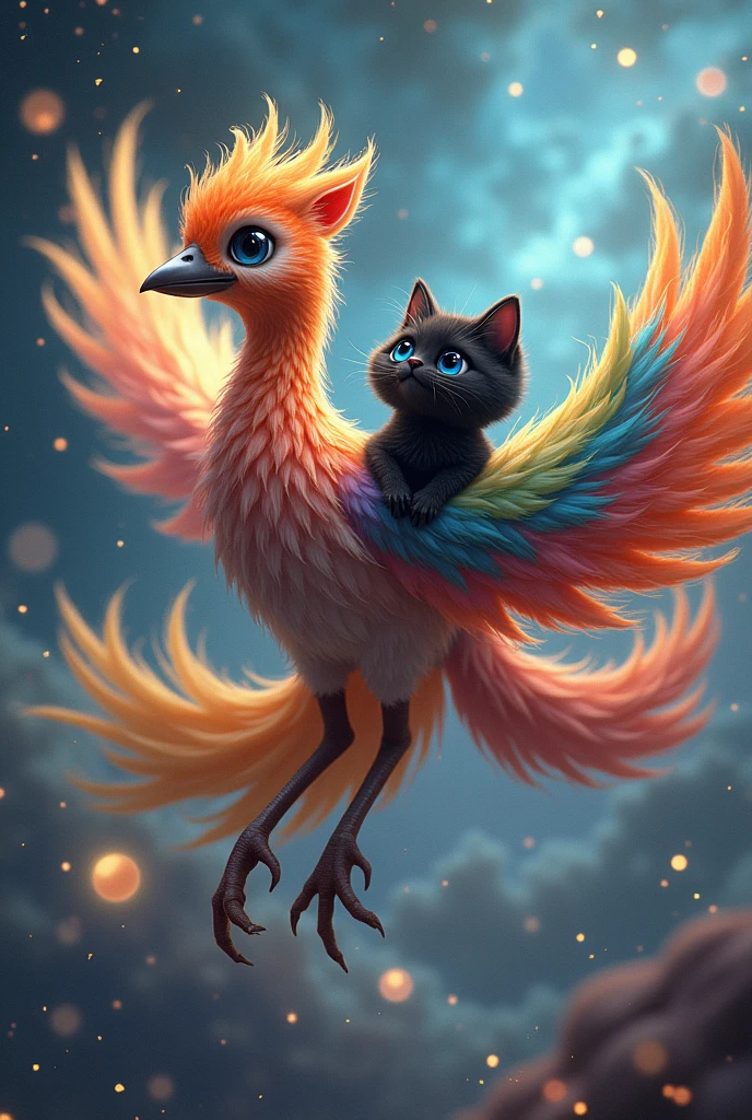 A beautiful rainbow-colored phoenix、Black kitten riding a phoenix、big headed kitten、Between Time and Space、The two are good friends、Always smiling and happy
