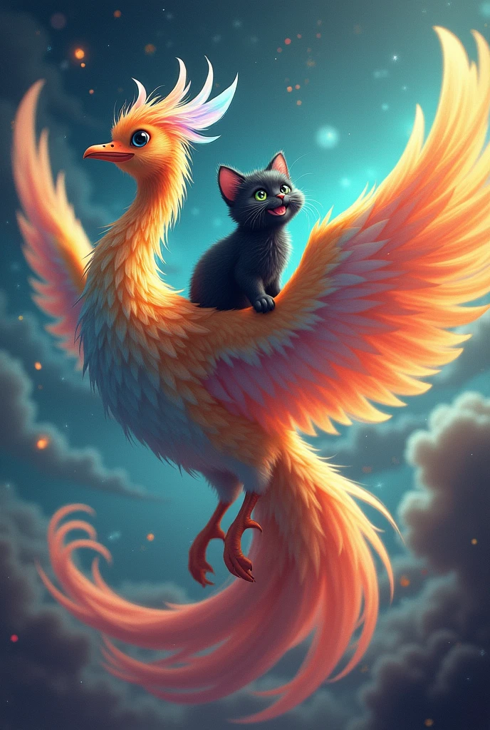 A beautiful rainbow-colored phoenix、Black kitten riding a phoenix、big headed kitten、Between Time and Space、The two are good friends、Always smiling and happy