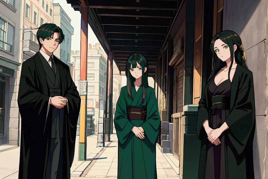masterpiece, best quality, 4persons standing side by side, a young man and a young woman and a young girl and a very-young girl, look at viewer, on town street, a young man Wearing a dark green robe over a black robe