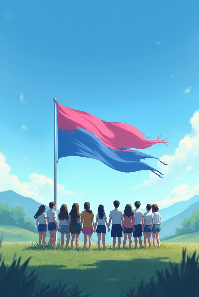 A landscape of 18 students, facing their back, holding hands, and looking up to a pink and blue flag. Square size