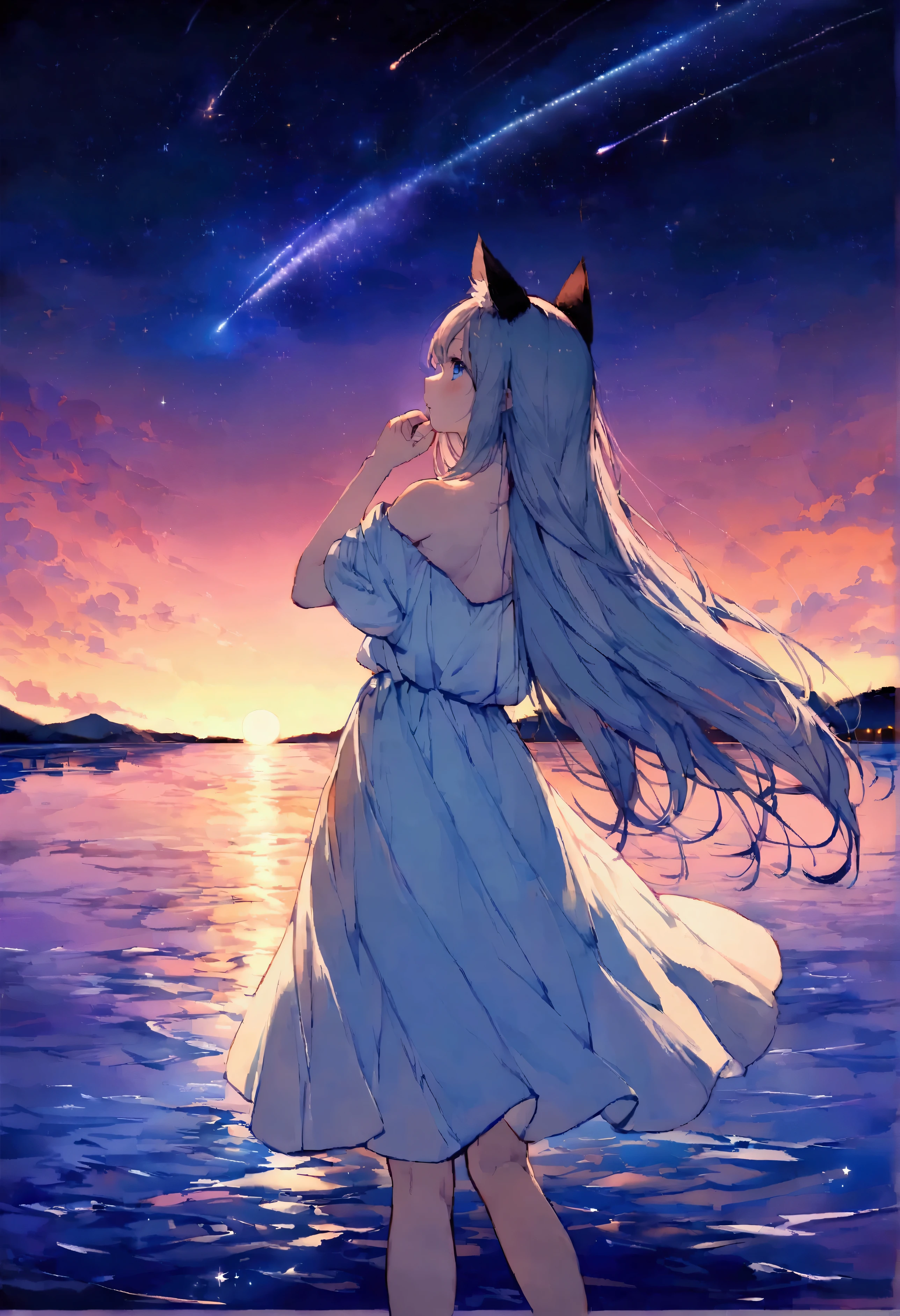woman, Calm expression, Captivating eyes, Blue Eyes, Wavy long hair, Grey Hair, Black cat ears, Kemomimi, loose fitting dress, Calm posture, Touching your ears with your hands, Porcelain-like skin, A faint blush, クリスタルペンダント BREAK ゴールデンアワー, (Rim Light):1.2, Warm tones, Night Sky, Sunset, shooting star, Soft Shadows, Vibrant colors, Painterly effect, Very detailed, Official Art, 8k wallpaper
, Standing in the middle of the lake, Looking up at the distant starry sky, Back view, BREAK (Anatomically Modified), healthy thin legs, Look here, (A distant view:2.0)