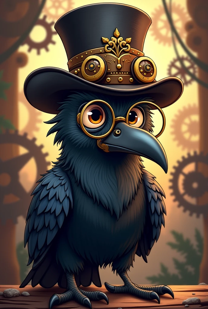 a crow wearing a monocle and a steampunk top hat in a cartoon style