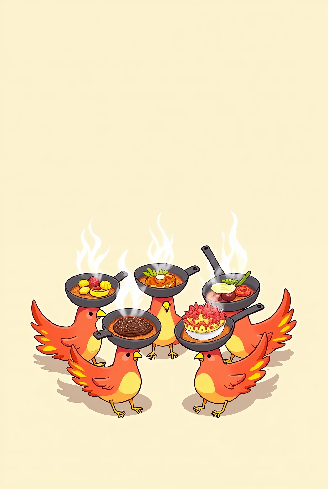Chibi, many phoenixes in a circle, frying pans with food on them dancing on their heads