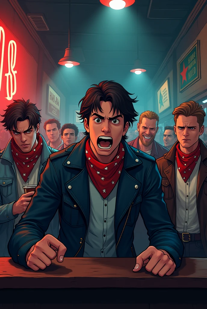 Anime American Male Revolutionaries at a bar angry
