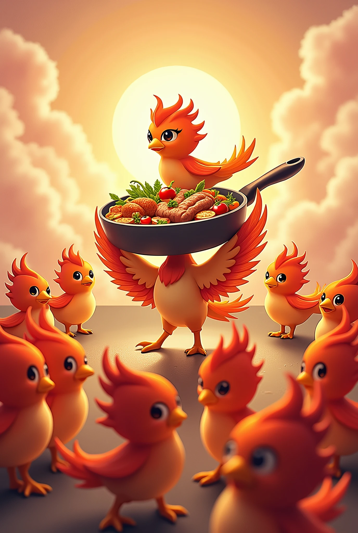 Chibi, many phoenixes in a circle, one big frying pan with food on it dancing on the phoenix's head
