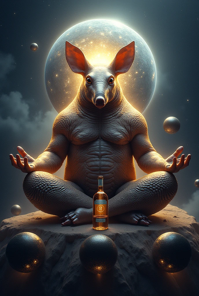 Create an image of an armadillo (animal of the Brazilian fauna) super powerful hypergalactic who achieved extreme peace surrounded by intergalactic spheres with bottles of cachaça 51, in the universe king of the galaxy, make him float with crossed legs hyper powerful