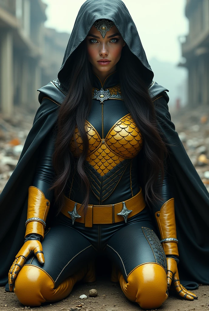 A beautiful woman under the cloak of Big Barda has long hair Her eyes are light blue. Her superheroine costume is samurai themed.. Her costume usually includes a black leather jumpsuit with scales and a gold-colored armor top over her jumpsuit, a wide and thick gold-colored belt, burnt yellow boots and gloves. Diaema liza in silver-colored metal on her forehead on her knees in an apocalyptic city with a lot of destruction.