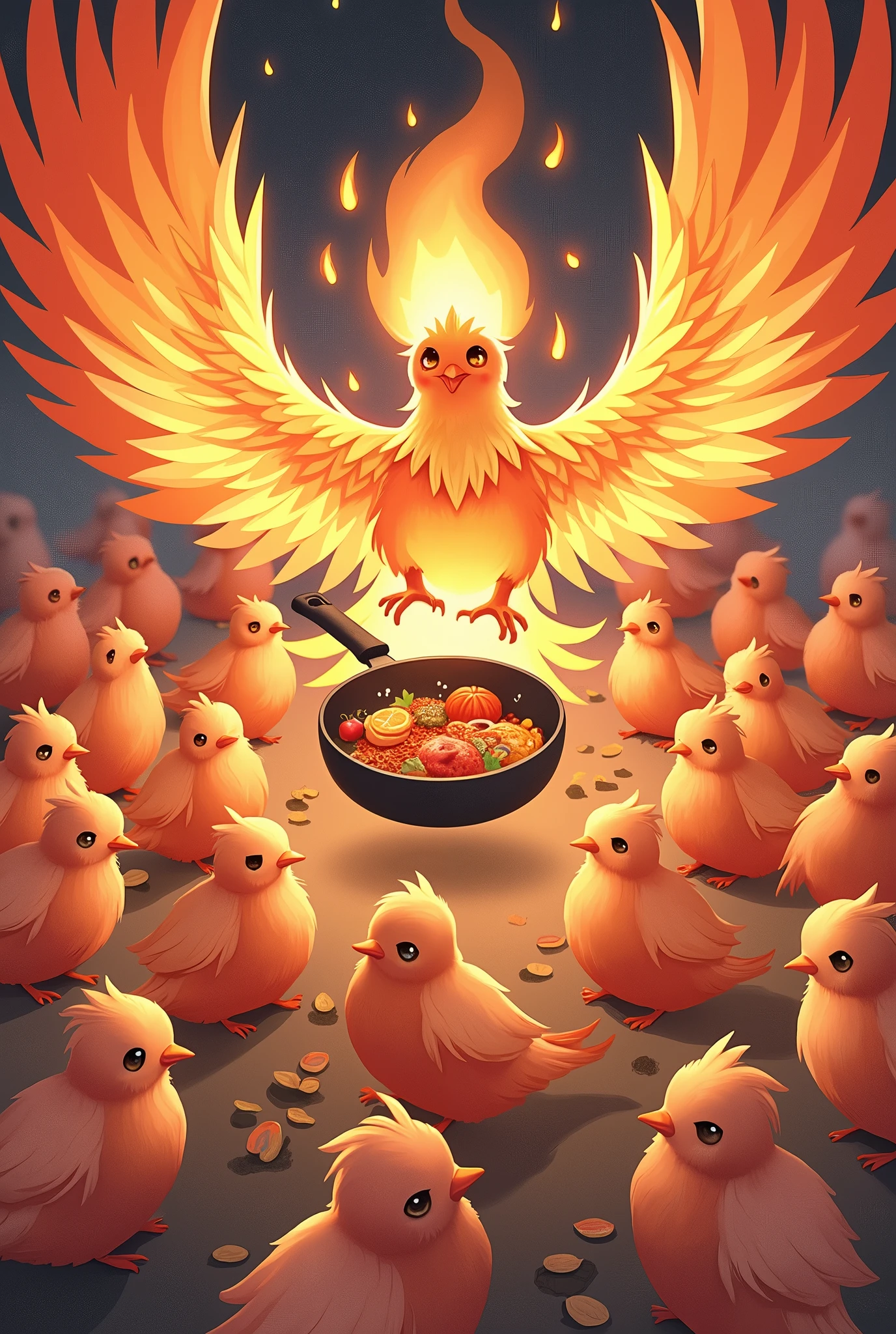 Chibi, many phoenixes in a circle, one big frying pan with food on it dancing on the phoenix's head