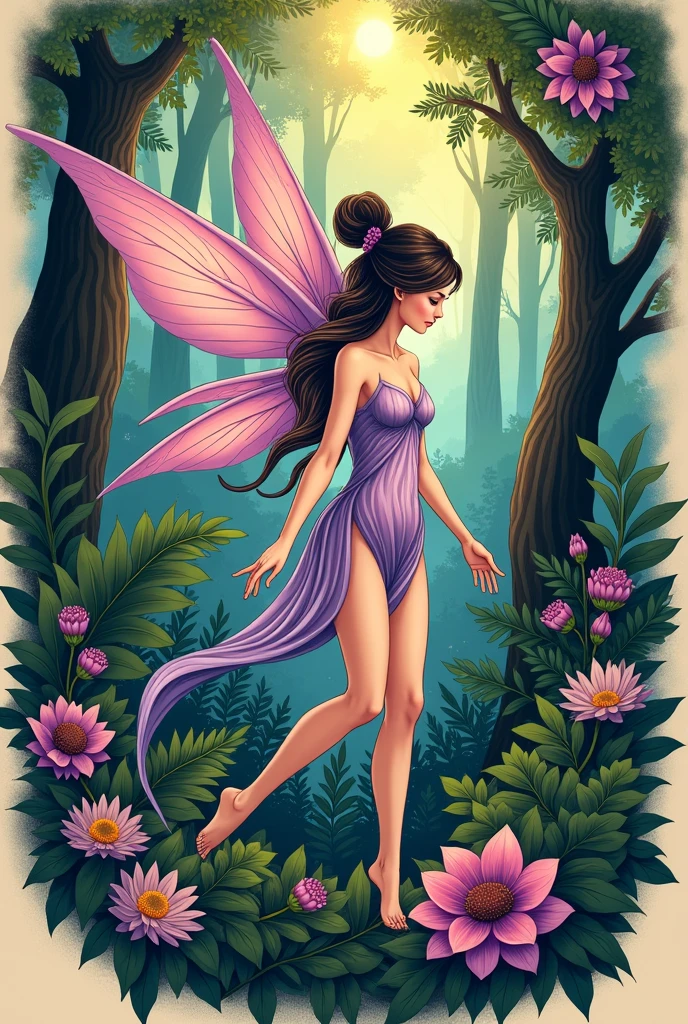 Neo traditional tattoo of a fairy walking through the forest with violet wings
