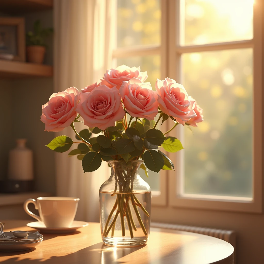 There is a vase of pink roses on the table., Gentle autumn sunshine, soft morning sunlight, Afternoon sunlight, Summer morning sunshine, shining morning sun, beautiful morning, soft morning sunlighting, beautiful composition, In the morning light, spring morning, Very beautiful photo, beautiful and aesthetic, Quiet afternoon, Afternoon light, In the morning, Cozy cafe background